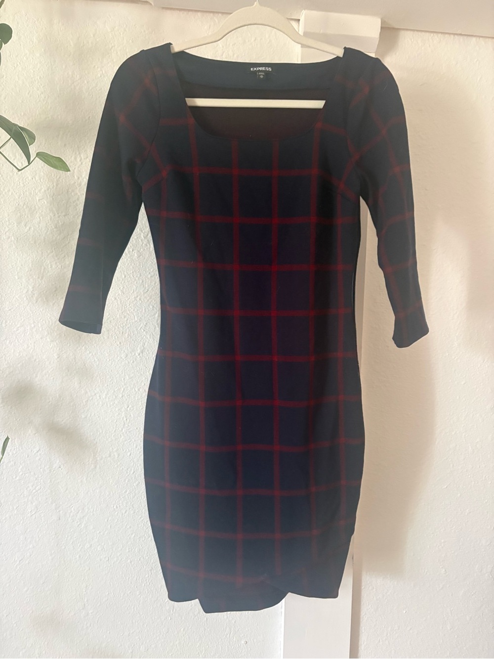 Express Navy & Burgundy Plaid Midi Sheath Dress